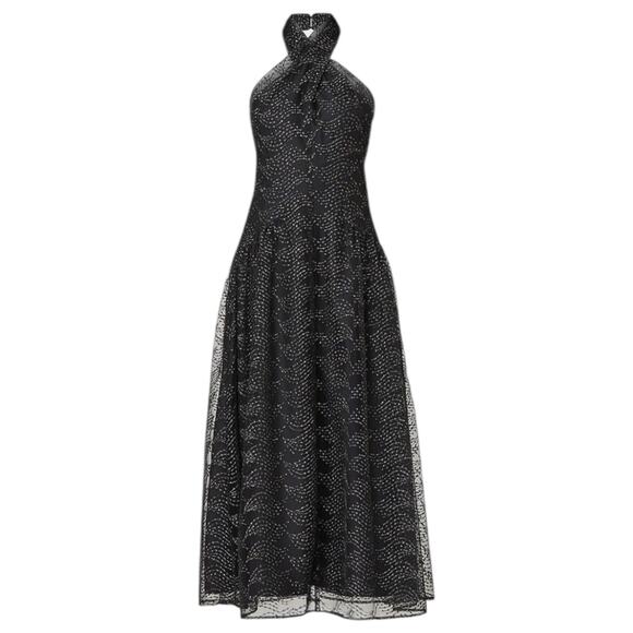 Shoshanna Olivia Metallic Scallope Mesh Halter Neck Black Dress Size 2 - Picture 4 of 14